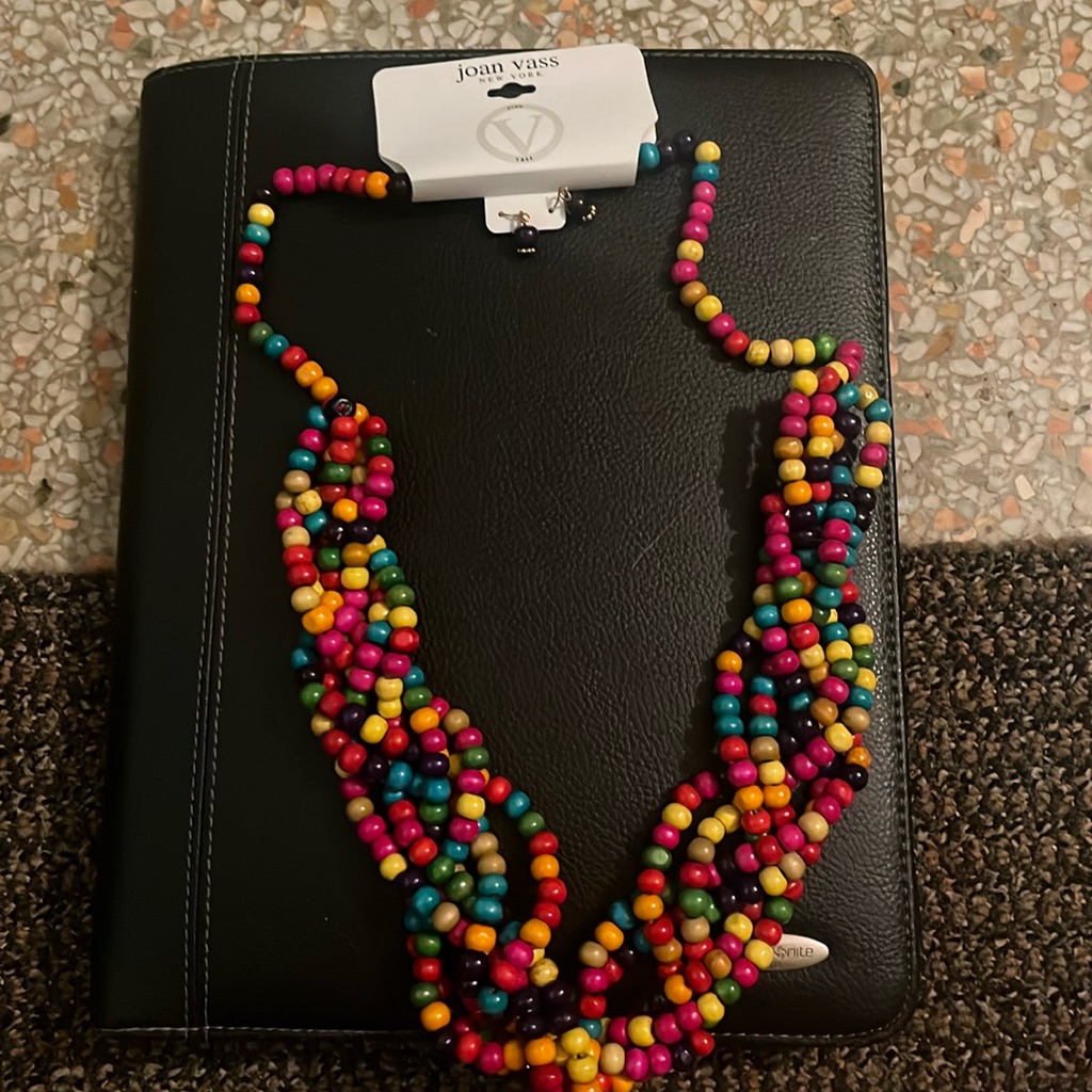 Multicolor Long Wooden Beaded Necklace With Earrings Brand New With Tag